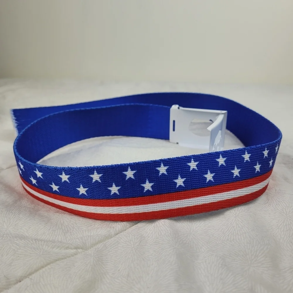 Red white blue patriotic stripes stars USA canvas belt unisex white buckle M/L